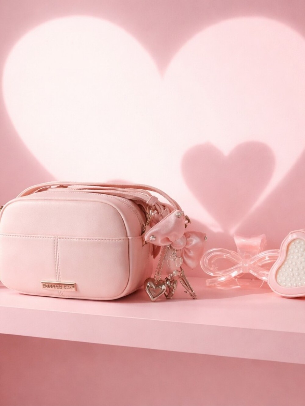 Madden Girl Pink Crossbody Bag with Heart Charm Hair Clip Mirror With Brush Set